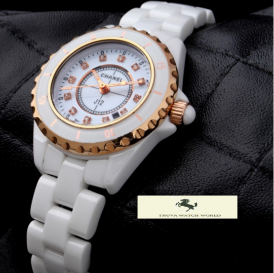 HK1294 CHANEL BEYAZ SERAMİK KADRAN TAŞLI BAYAN SAATİ